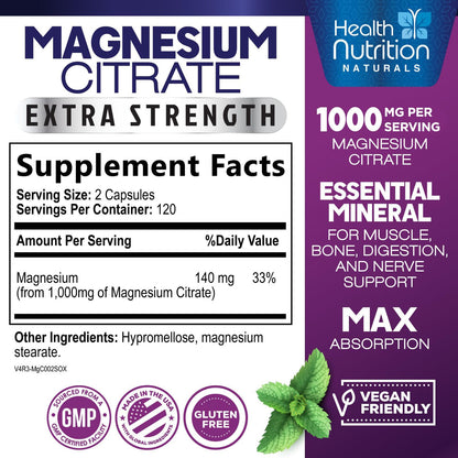 Magnesium Citrate 1000mg Per Serving - Max Absorption Magnesium Powder Capsules for Muscle, Nerve, Bone and Heart Health Support, High Absorption Citrate Complex Health Nutrition Naturals