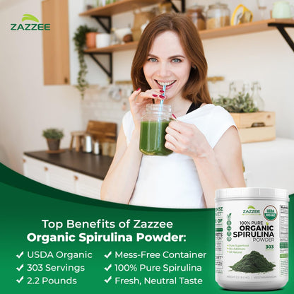 Zazzee USDA Organic Spirulina Powder, 2.2 Pounds (1 KG), 303 Servings | Certified Kosher, 100% Pure, Non-Irradiated, Mess-Free Wide Mouth Container, Fresh Smell, Neutral Taste, Non-GMO, Made in USA Gsupps Australia