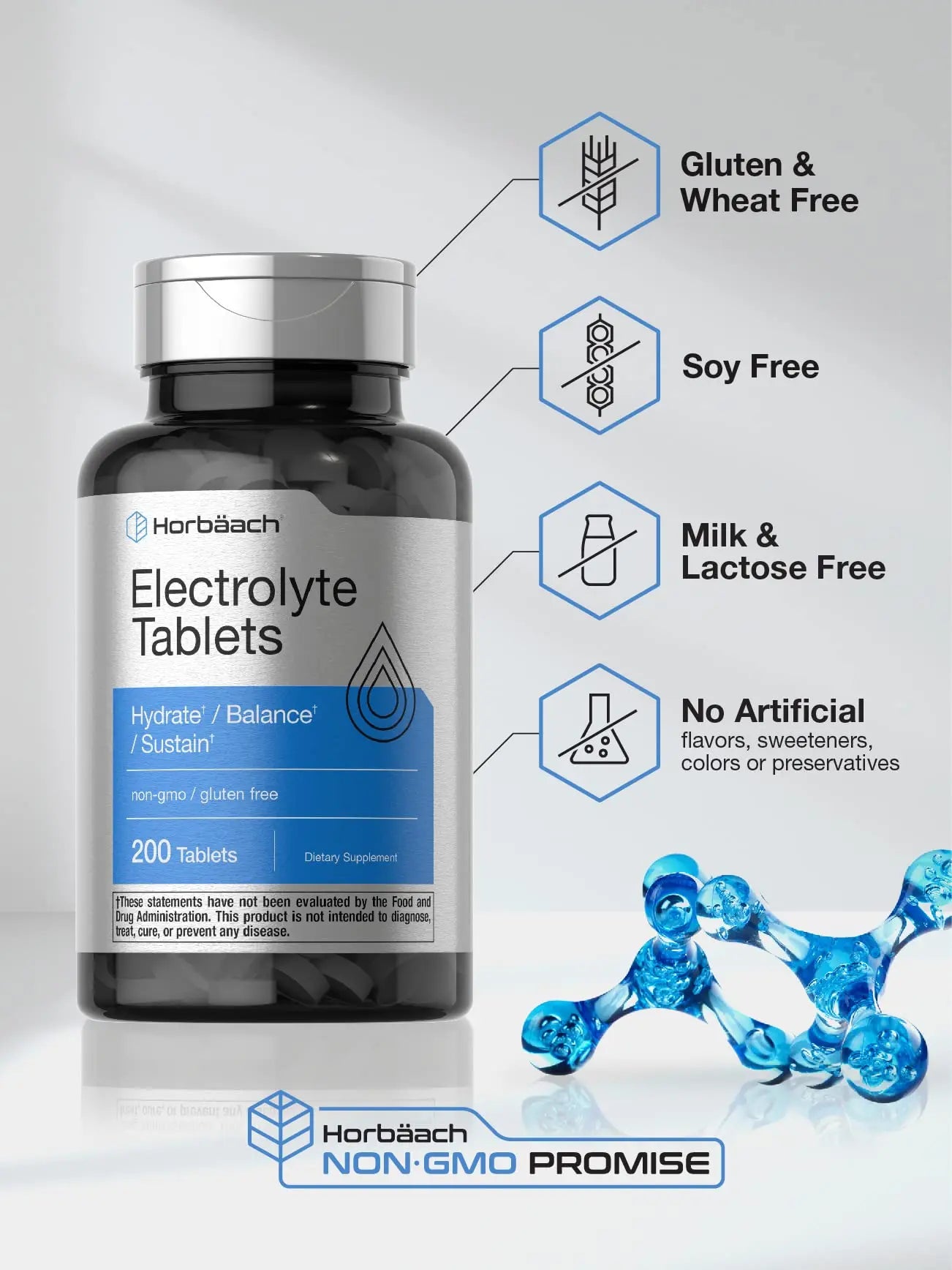 Horbäach Electrolyte Tablets | 200 Count | Helps Hydrate, Balance, & Sustain | with Calcium, Magnesium, Chloride, Sodium and Potassium | Vegetarian, Non-GMO & Gluten Free Horbäach