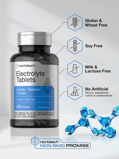 Horbäach Electrolyte Tablets | 200 Count | Helps Hydrate, Balance, & Sustain | with Calcium, Magnesium, Chloride, Sodium and Potassium | Vegetarian, Non-GMO & Gluten Free Horbäach