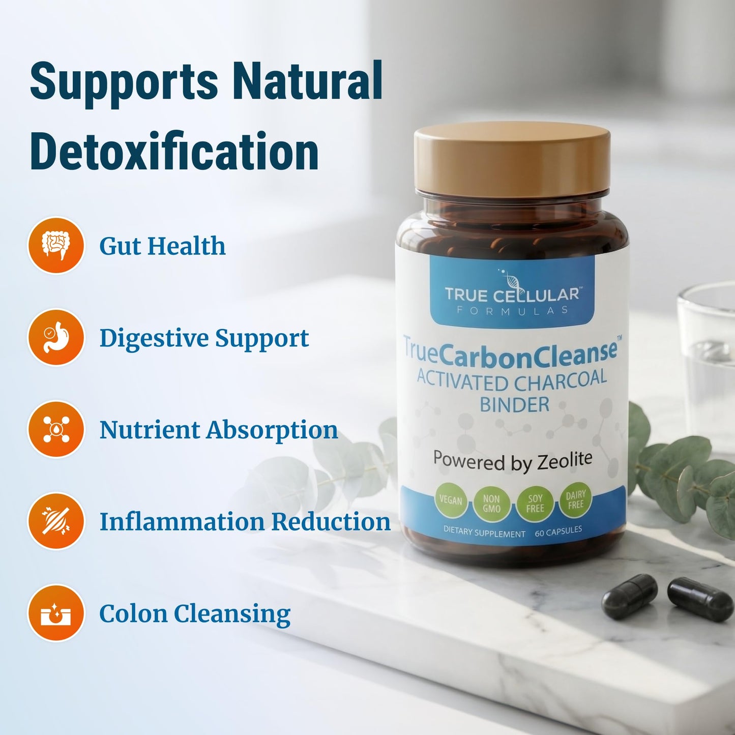 Gut Detox & Liver Cleanse - Organic Activated Charcoal Capsules with Clinoptilolite Zeolite Binder - TrueCarbonCleanse™ Carbon Supplement - 60 Bamboo Charcoal Pills True Cellular Formulas