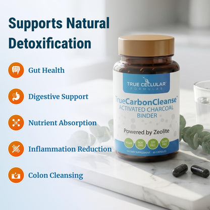 Gut Detox & Liver Cleanse - Organic Activated Charcoal Capsules with Clinoptilolite Zeolite Binder - TrueCarbonCleanse™ Carbon Supplement - 60 Bamboo Charcoal Pills True Cellular Formulas