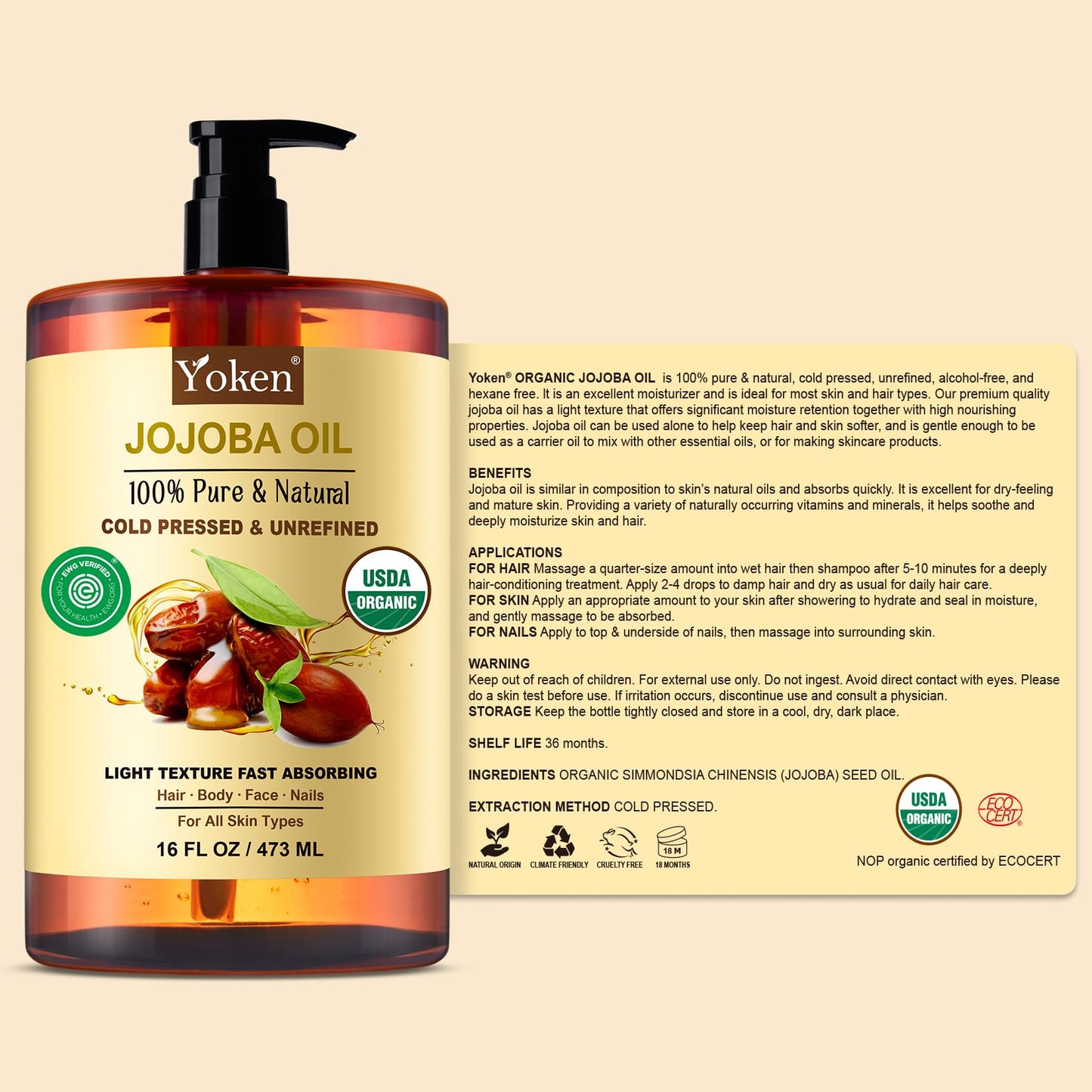 Yoken Pure Jojoba Oil Organic USDA Certified 16 fl oz, 100% Natural Jojoba Oil for Hair Yoken