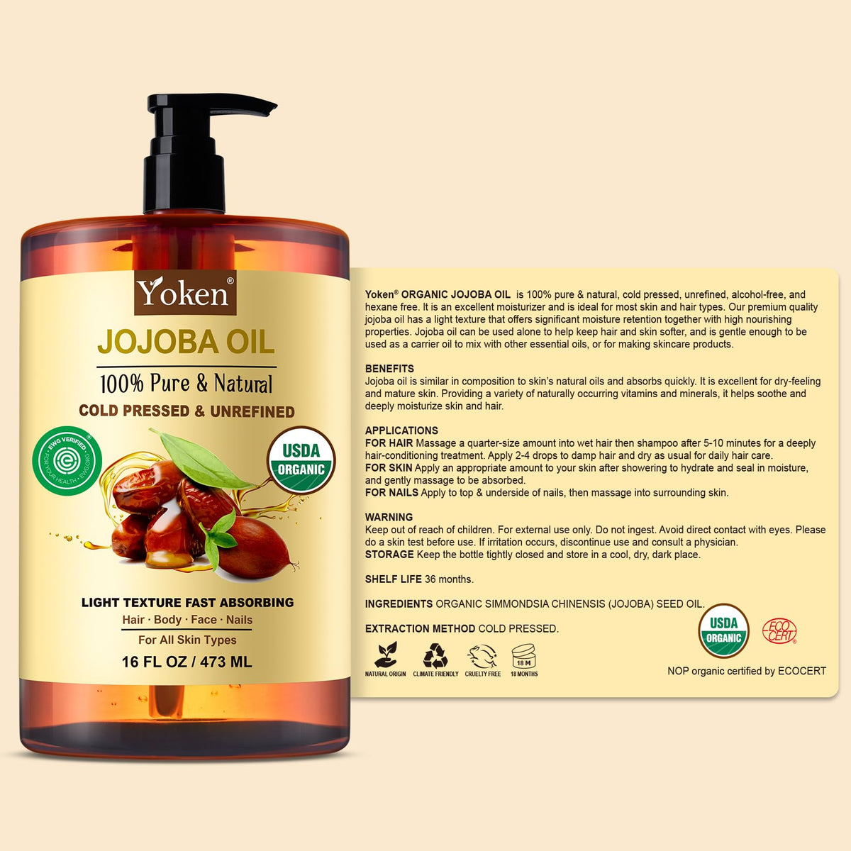 Yoken Organic Jojoba Oil 16oz, USDA Certified Cold Pressed for Skin Care Yoken