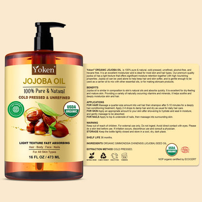 Yoken Organic Jojoba Oil 16oz, USDA Certified Cold Pressed for Skin Care Yoken