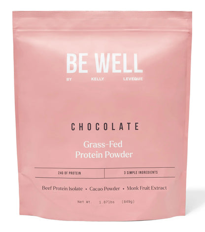 Be Well by Kelly Chocolate Grass-Fed Beef Protein Powder, 24G of Protein & 1G Net Carbs (3 Ingredients, 30 Servings) 9 Amino Acids + 3 BCAAs No Soy, No Dairy, Stevia-Free, No Sugar Added 1.87lb 849g Be Well by Kelly LeVeque