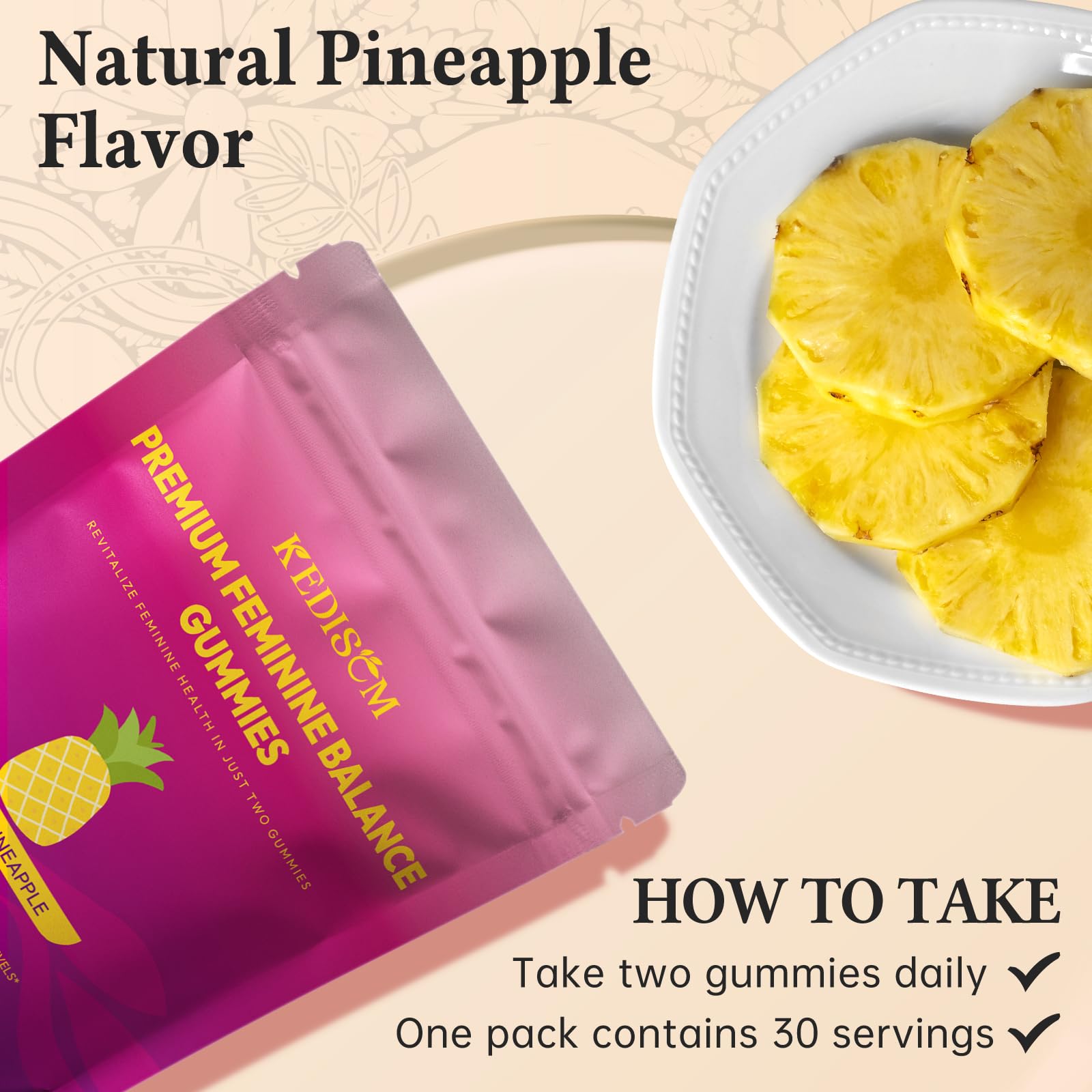 KEDISOM Premium Feminine Balance Gummies - for Women’s Health & Wellness - Immune Support - Vegan, Gluten-Free - Hawaiian Pineapple - 60 Gummies - 30 Servings KEDISOM buy australia supplements