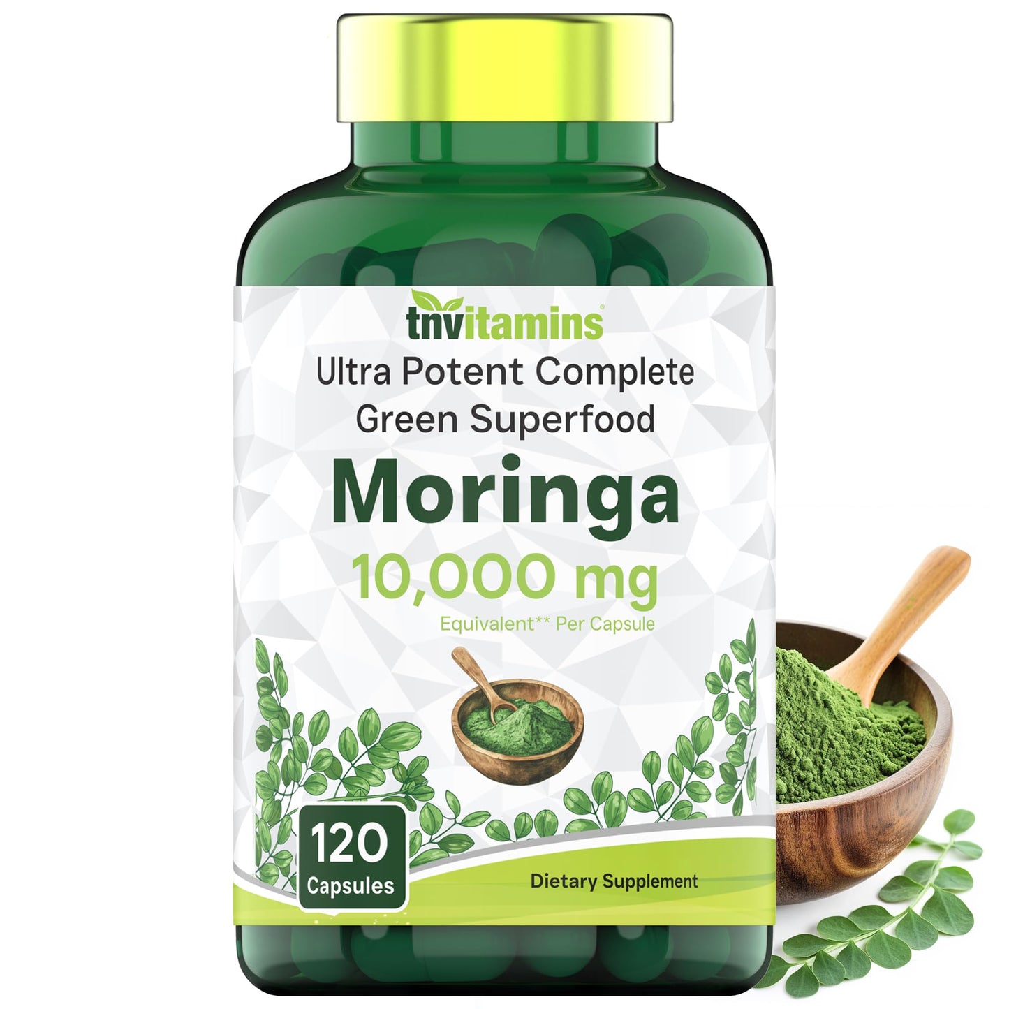 tnvitamins Moringa Capsules 10,000 mg - 120 Capsules | High Potency Moringa Leaf Extract Superfood Supplement for Energy tnvitamins