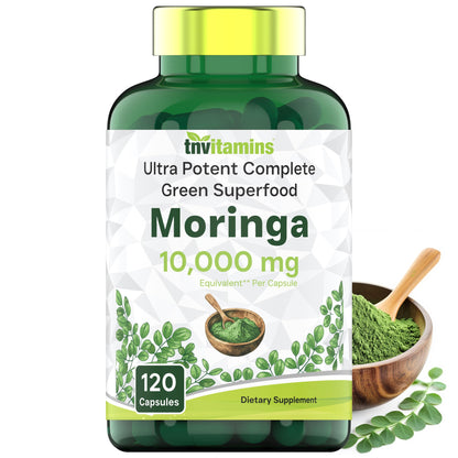 tnvitamins Moringa Capsules 10,000 mg - 120 Capsules | High Potency Moringa Leaf Extract Superfood Supplement for Energy tnvitamins