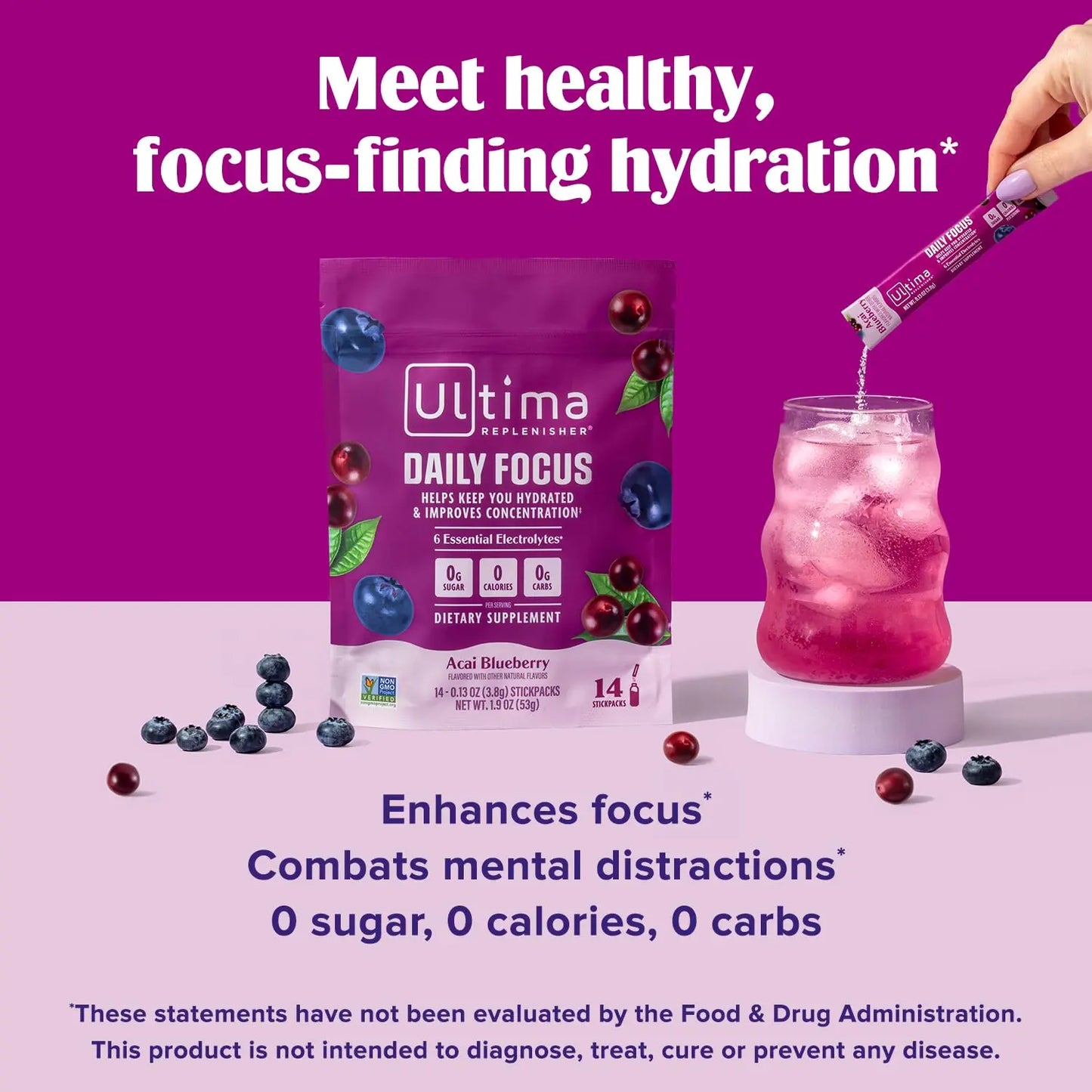 Ultima Replenisher Daily Focus Supplement & Electrolytes Powder - Acai Blueberry, 14 Stickpacks - Hydration Packets, 60mg Caffeine from Green Tea Extract & L-Theanine Ultima Replenisher