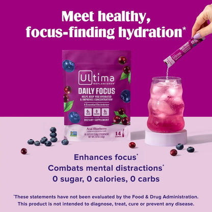 Ultima Replenisher Daily Focus Supplement & Electrolytes Powder - Acai Blueberry, 14 Stickpacks - Hydration Packets, 60mg Caffeine from Green Tea Extract & L-Theanine Ultima Replenisher