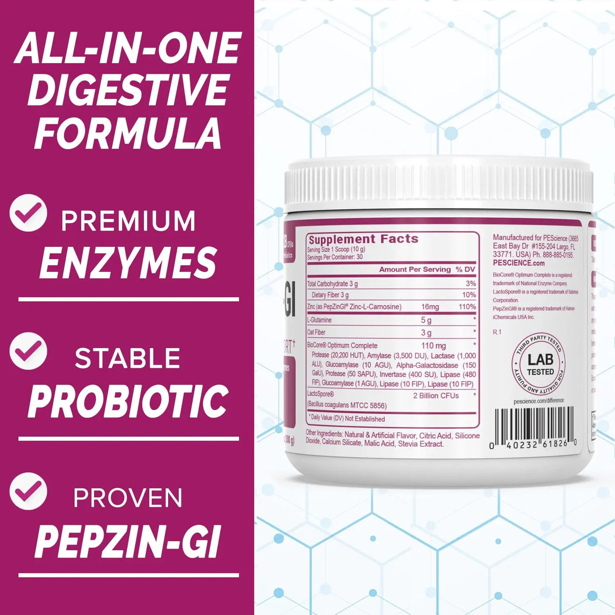 PEScience Complete-GI Gut Health Powder, Probiotics for Women and Men, Digestive Enzymes, Prebiotic Fiber, L-Glutamine PEScience