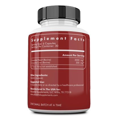 Ancestral Supplements Grass Fed Beef Heart Supplement, 3300mg, CoQ10 Supplement Supports Heart and Mitochondrial Health, Non-GMO, 180 Capsules