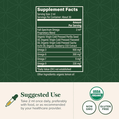 Global Healing Organic Omega 3 6 9 and 7 (Seaberry CO2 Extract) - Fish-Free, Non-GMO Omega 3 Supplement for Women & Men, Contains Perilla Seed & Flaxseed Oil - Fish Oil Alternative - 2 Fl Oz