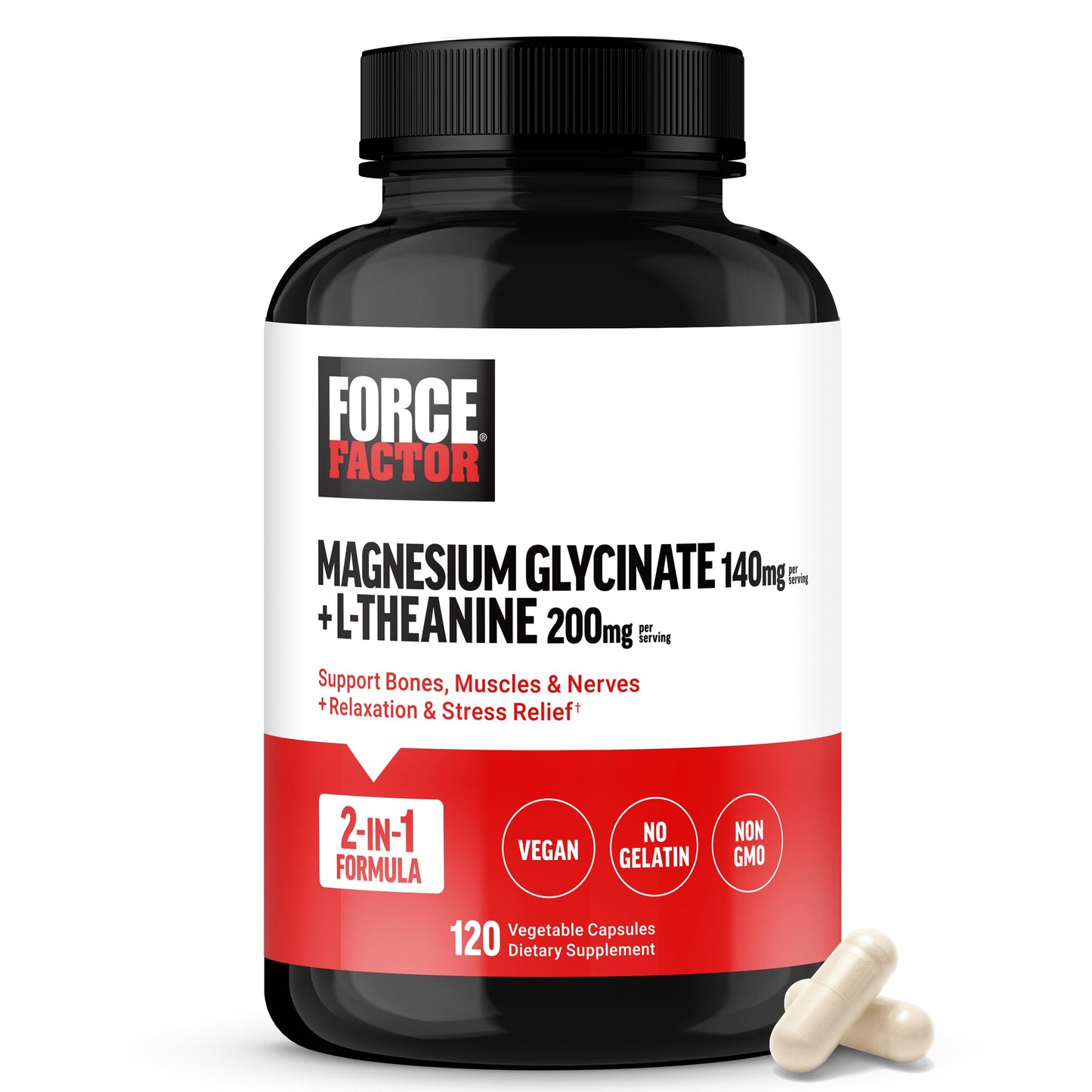 Force Factor Magnesium + L-Theanine, Magnesium Bisglycinate Supplement to Support Bones, Muscles, Nerves, Relaxation, and Mood, Vegan Force Factor