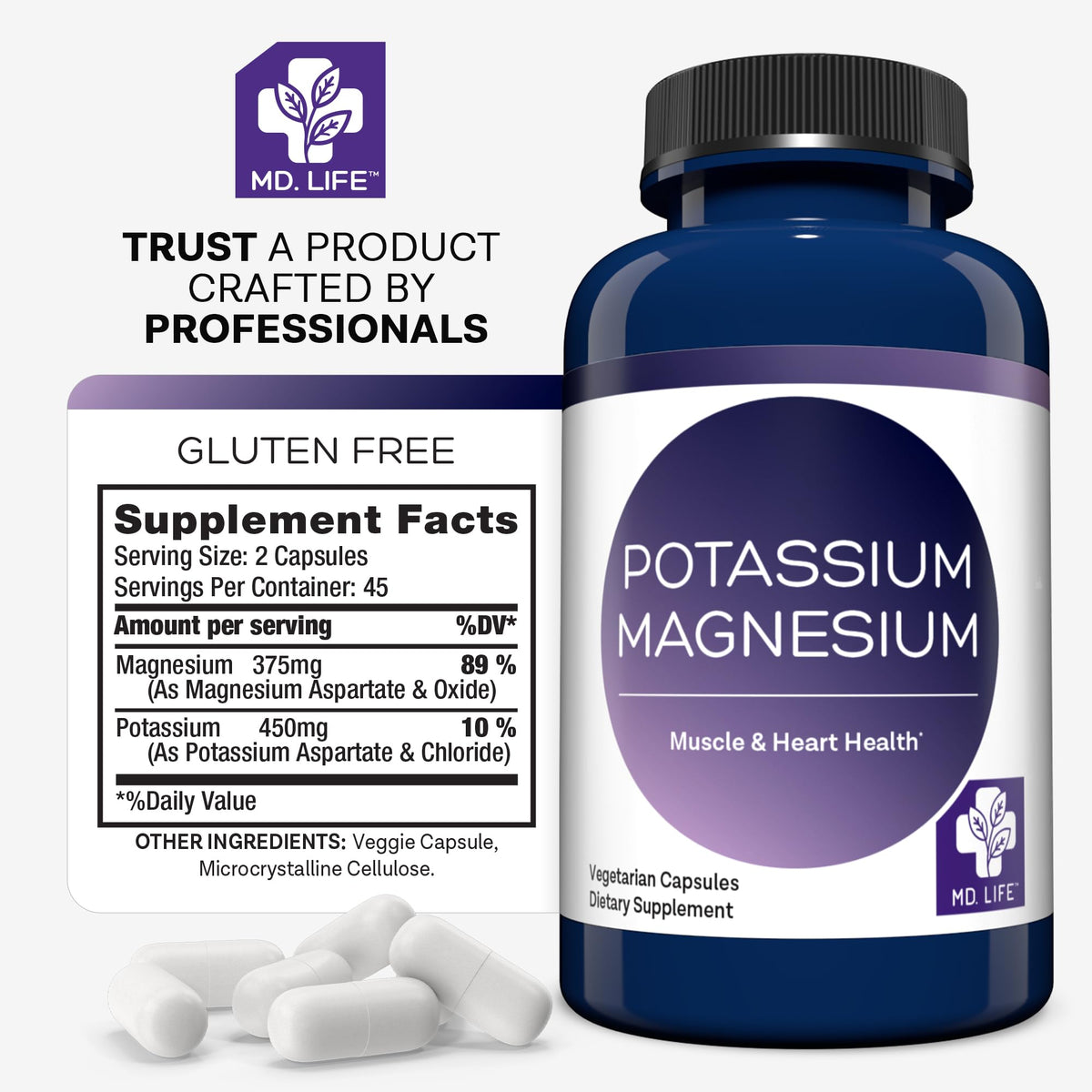 MD. Life Potassium Magnesium Supplement - 90 Capsules - Magnesium Potassium Supplement - High Absorption Complex MD.LIFE