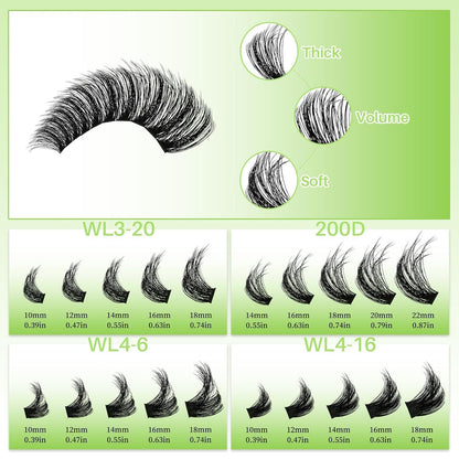 LASHSUN Lash Clusters Kit 540pcs D Curl 4 Styles 10-22mm Wispy Cluster Lashes Kit Soft and Comfortable False Eyelashes Extension Kit, DIY Long Lasting Lashes At Home (WL+200D Kit) LASHSUN