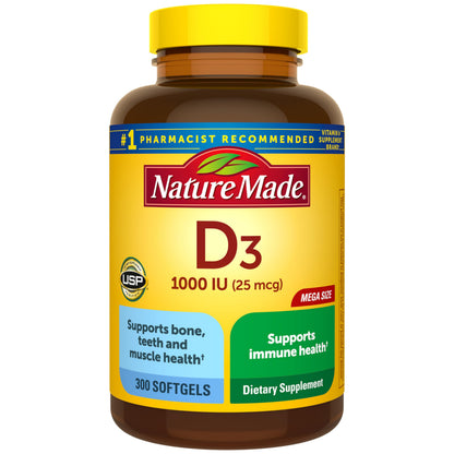 Nature Made Vitamin D3 1000 IU (25 mcg), Vitamin D Supplement for Bone, Teeth, Muscle and Immune Health Support, 300 Softgels, 300 Day Supply Nature Made