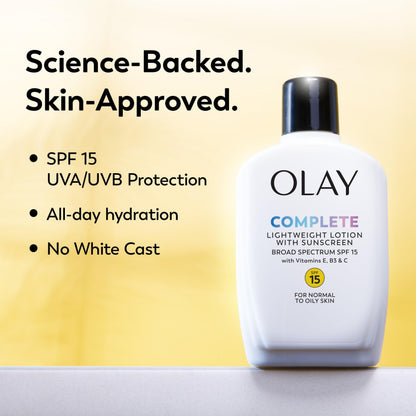 Olay Face Moisturizer, Complete with Sunscreen SPF 15, Daily Facial Lotion for Normal Skin, Lightweight Hydrating Broad Spectrum Sun Protection - Vitamin C, E, and Niacinamide - 6 Oz 2 Pack Olay