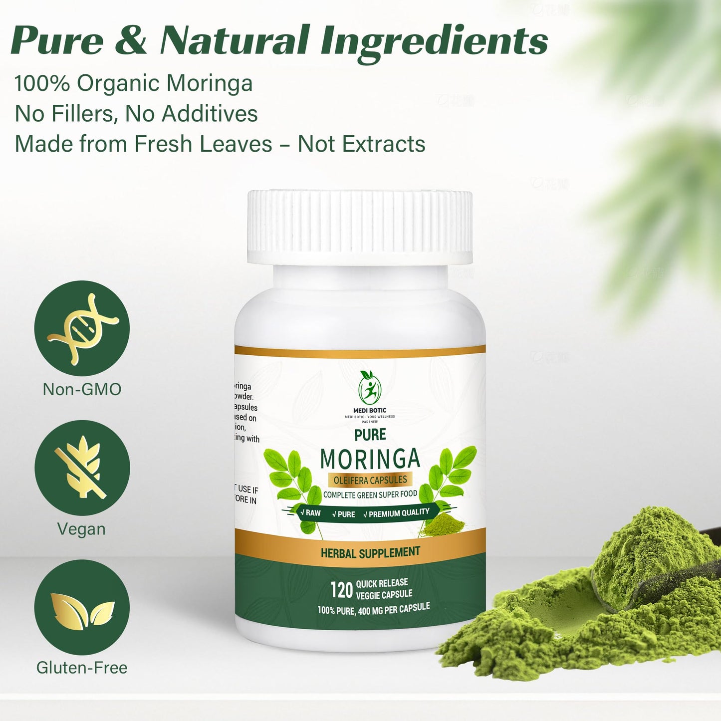 Moringa Capsules, Moringa Pure Capsules For Energy, Immune Support, Gut Health & Powerful Green Superfood, Rich In Antioxidants, Essential Vitamins & Amino Acids MEDI BOTIC