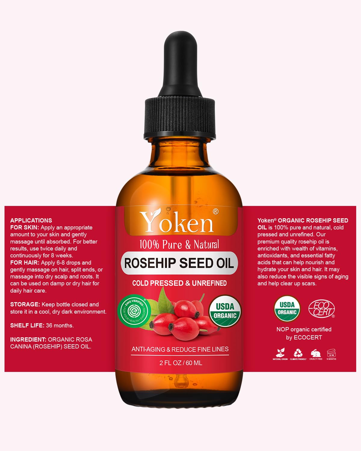 Yoken Organic Rosehip Seed Oil for Face, Pure Natural Cold Pressed, 2oz Yoken