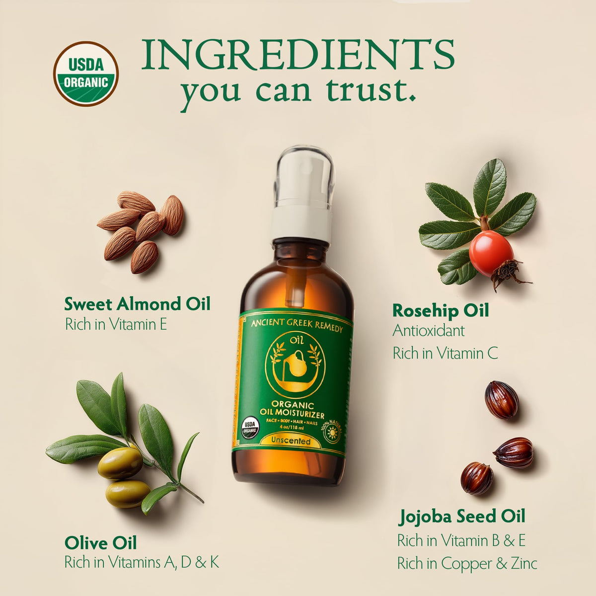 Organic Face Oil for Dry Skin - Unscented Anti-Aging Facial Oil - Jojoba, Rosehip, Almond, Olive, Vitamin E - Gua Sha oil - Fragrance Free Natural Body Moisturizer for Women & Men 4 oz Ancient Greek Remedy