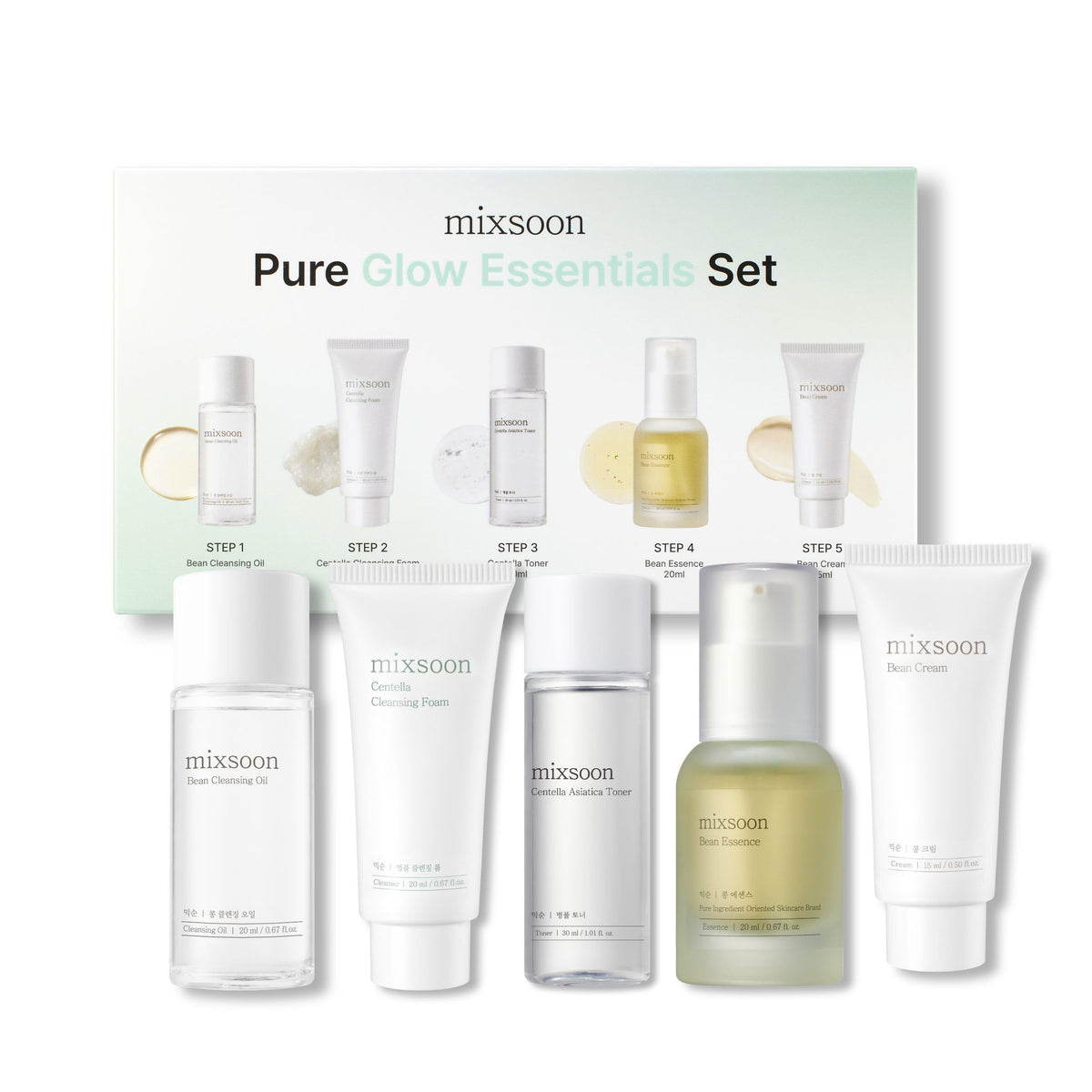 mixsoon Pure Glow Essentials Set - 5-Step Skincare Kit - Travel kit, Travel size kit, Hydrating Skincare Gift Set (15ml*1+20ml*3+30ml*1) Korean Glass Skin Care mixsoon