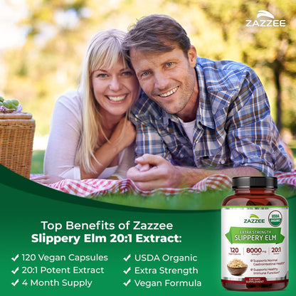 Zazzee USDA Organic Slippery Elm Bark 20:1 Extract, 120 Vegan Capsules | 4 Month Supply, Digestive, Throat & Mucosal Support, Ulmus Rubra, Herbal Supplement, All-Natural, Non-GMO, Made in the USA Gsupps Australia