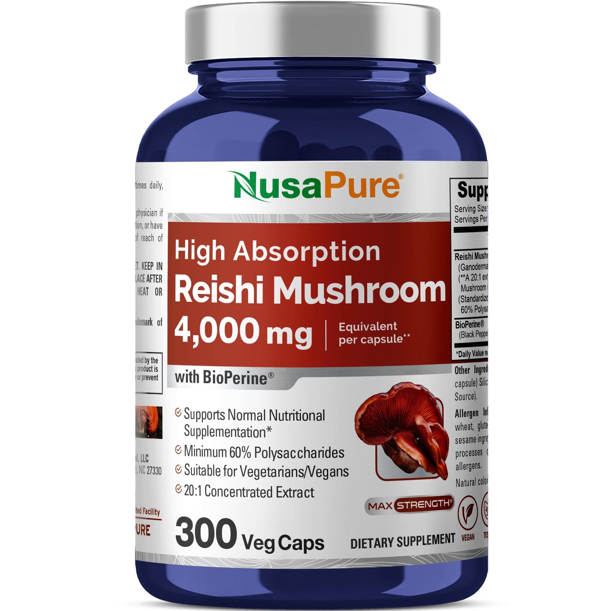 NusaPure Reishi Mushroom Extract 20:1 Extract, 200 mg Equivalent to 4000mg per Capsule 300 Veggie Caps Vegan, Non-GMO, Vegan NusaPure buy australia supplements