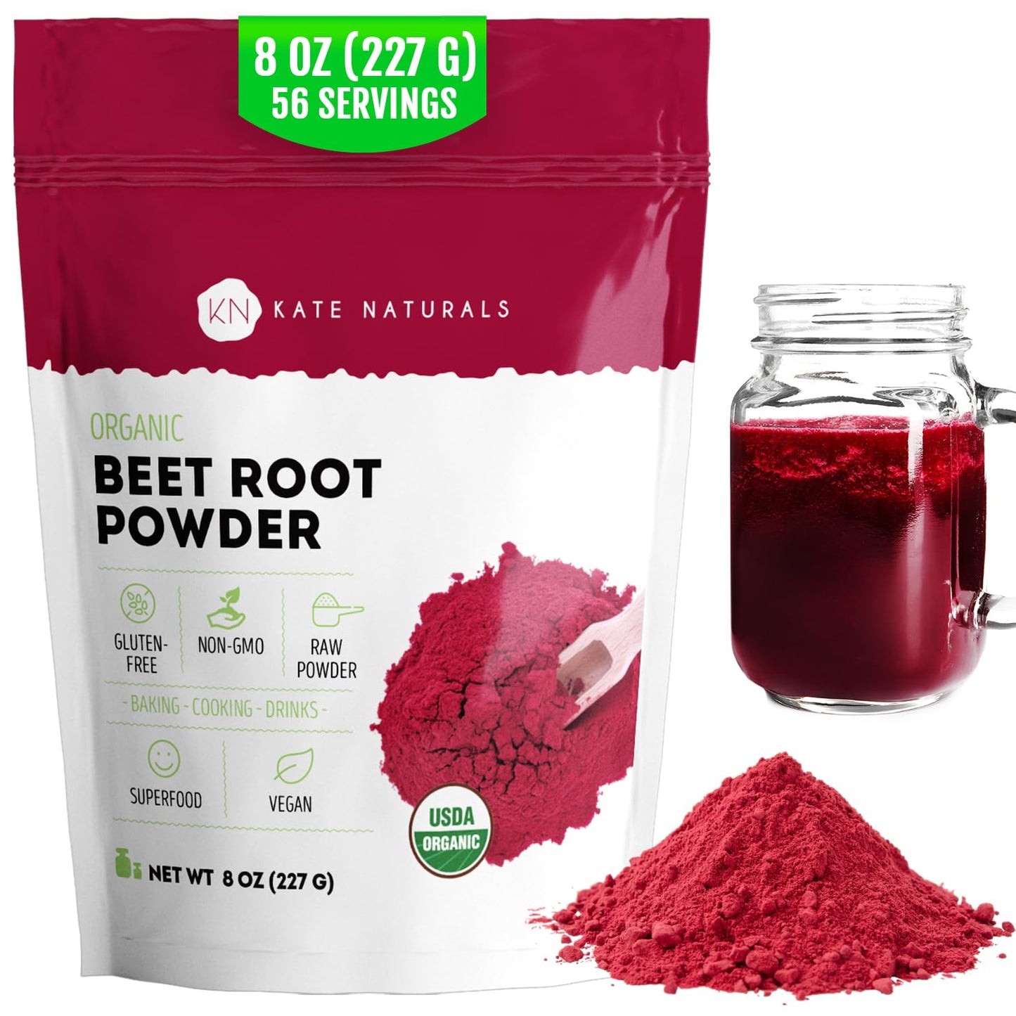 Kate Naturals Organic Beet Root Powder for Smoothies, Baking & Juice. Raw Beetroot Superfood & Natural Red Food Coloring Kate Naturals
