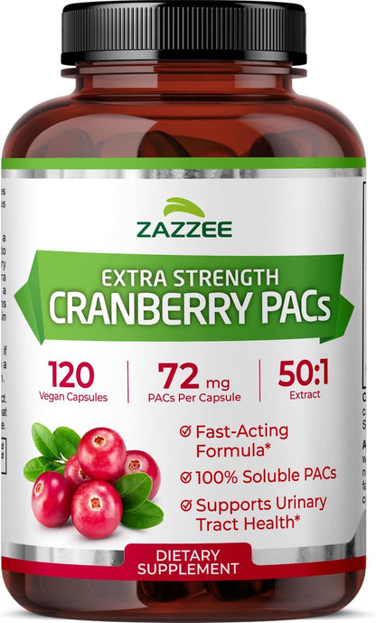 Zazzee Cranberry PACs 72 mg per Capsule, 50:1 Extract, 120 Vegan Capsules, 2X Strength, 4 Month Supply, Fast-Acting, Effective Urinary Tract & Bladder Support, 100% Soluble PACs, Made in the USA Gsupps Australia