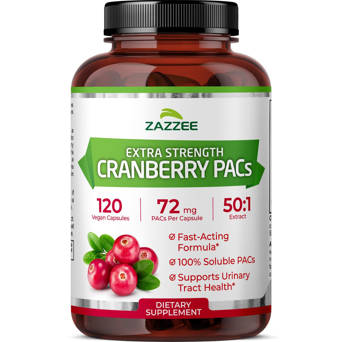 Zazzee Cranberry PACs 72 mg per Capsule, 50:1 Extract, 120 Vegan Capsules, 2X Strength, 4 Month Supply, Fast-Acting, Effective Urinary Tract & Bladder Support Zazzee