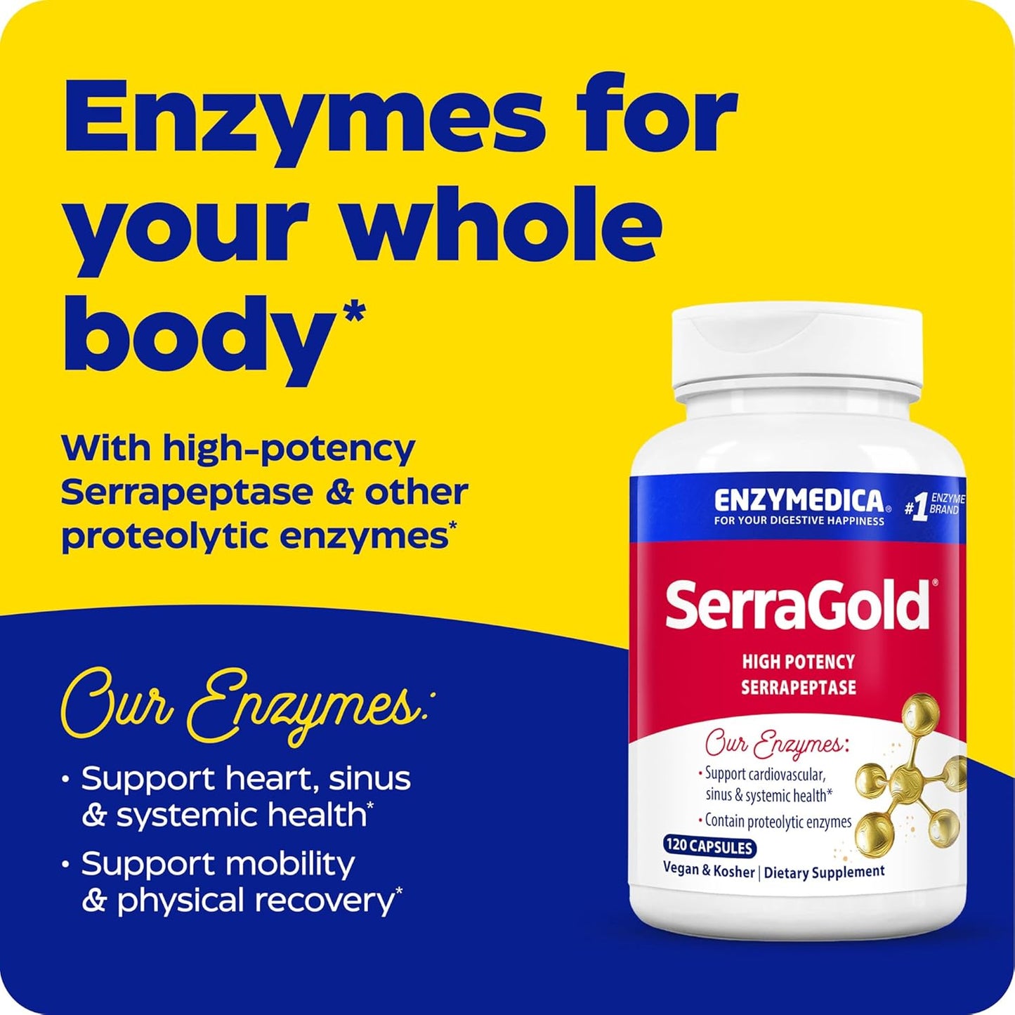 Enzymedica SerraGold - High Potency Serrapeptase Enzyme Supplement for Men & Women, Serrapeptase 100,000 SPU for Adults, Supports Sinus & Respiratory Health, Heart & Immune Function - 120 Capsules Gsupps Australia