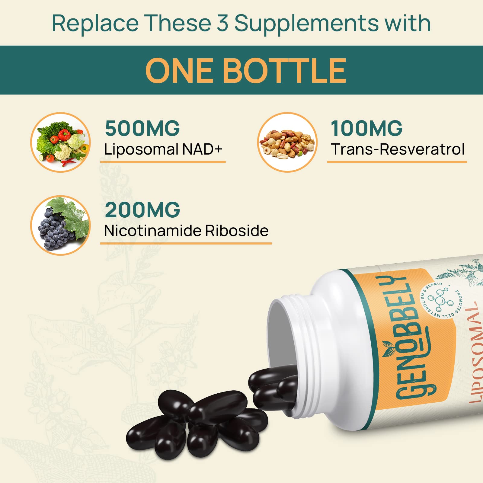 GENOBBELY 800 mg Liposomal NAD+ Supplement with Nicotinamide Riboside 200 mg, Trans-Resveratrol 100 mg - True NAD Supplement for DNA Repair, Healthy Aging, Brain Function - 60-Day Supply GENOBBELY buy australia supplements