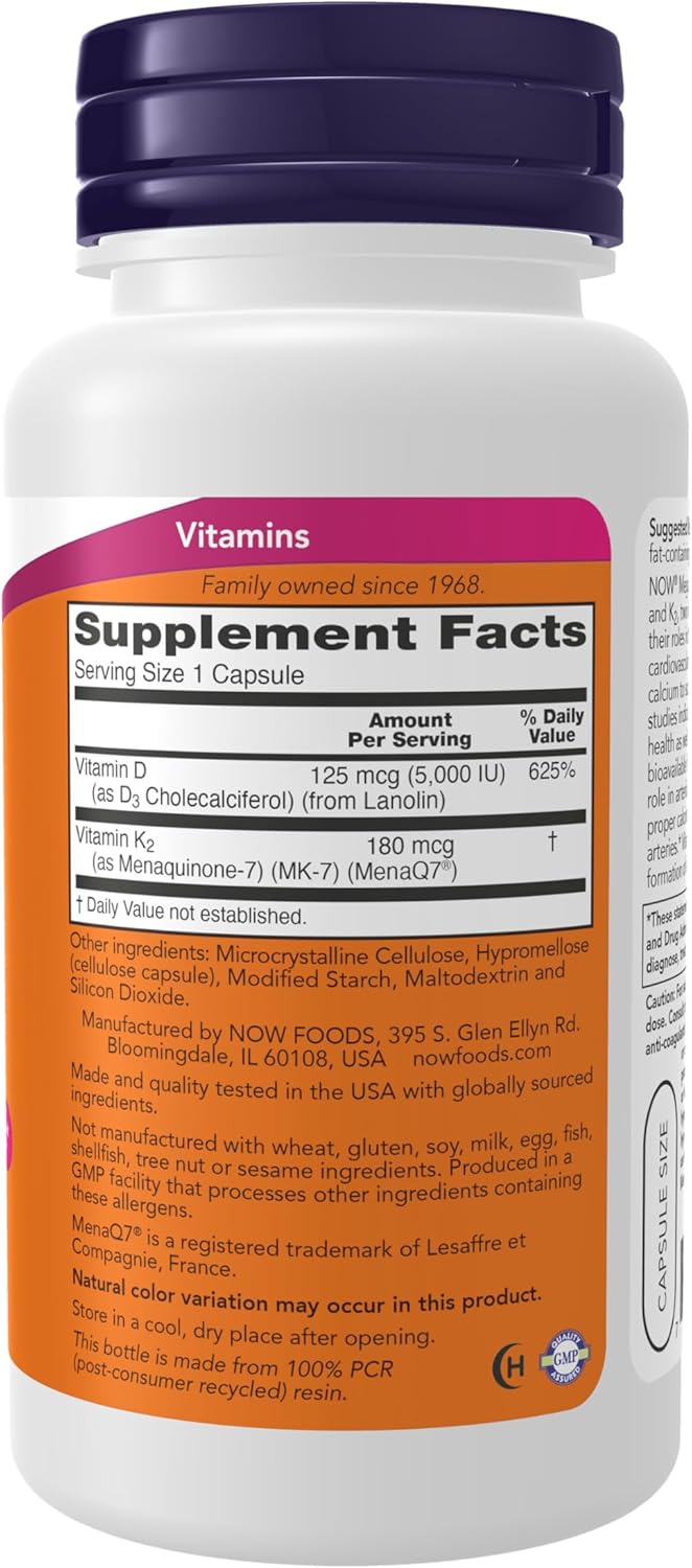 NOW Supplements, Mega D-3 & MK-7, 5000 IU / 180 mcg, Bone & Cardiovascular Support*, Vitamins K-3 & K-2, 120 Capsules Gsupps Australia