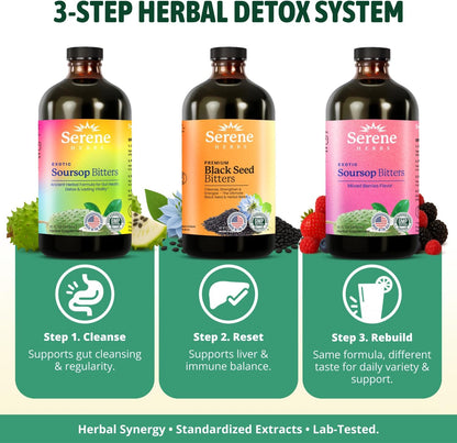 Serene Herbs Soursop Bitters Liquid & Black Seed Bundle – Organic Herbal Guanabana for Digestive Support & Immune Health – Vegan, Non-GMO – 32 oz (16 oz Each), (3 Pack)
