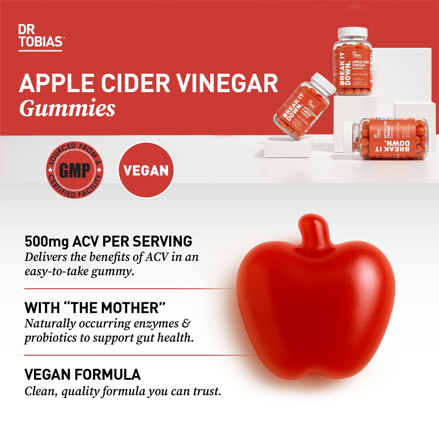 Dr. Tobias Apple Cider Vinegar Gummies with The Mother - 500mg ACV Per Serving, Plus Folate, B6, B12 & Iodine | Supports Digestive Health Gut Cleanse & Detox - Vegan (60 Gummies)