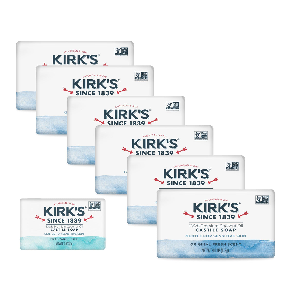 Kirk's Castile Bar Soap, Original Fresh Scent - Clinically Tested, Safe for Sensitive Skin with Coconut Oil, Vegan and Non-GMO - 4 oz Bars, 6 Pack and Fragrance Free Travel Bar Kirk's