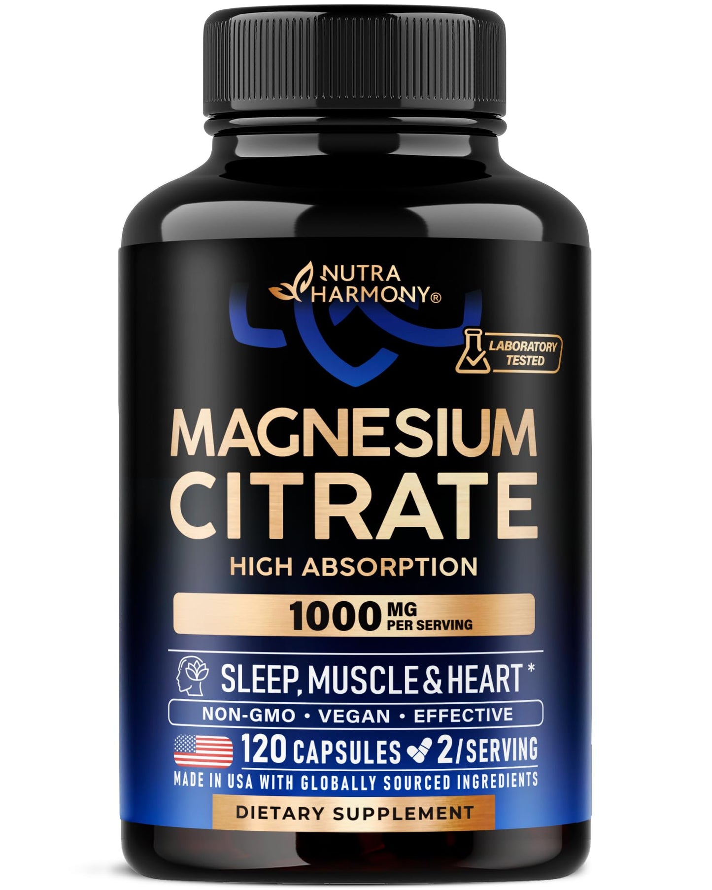 Magnesium Citrate Capsules 1000mg | High Absorption Supplement - Sleep, Muscle & Heart Support - Vegan | Non-GMO - Made in USA - As Powder NUTRAHARMONY