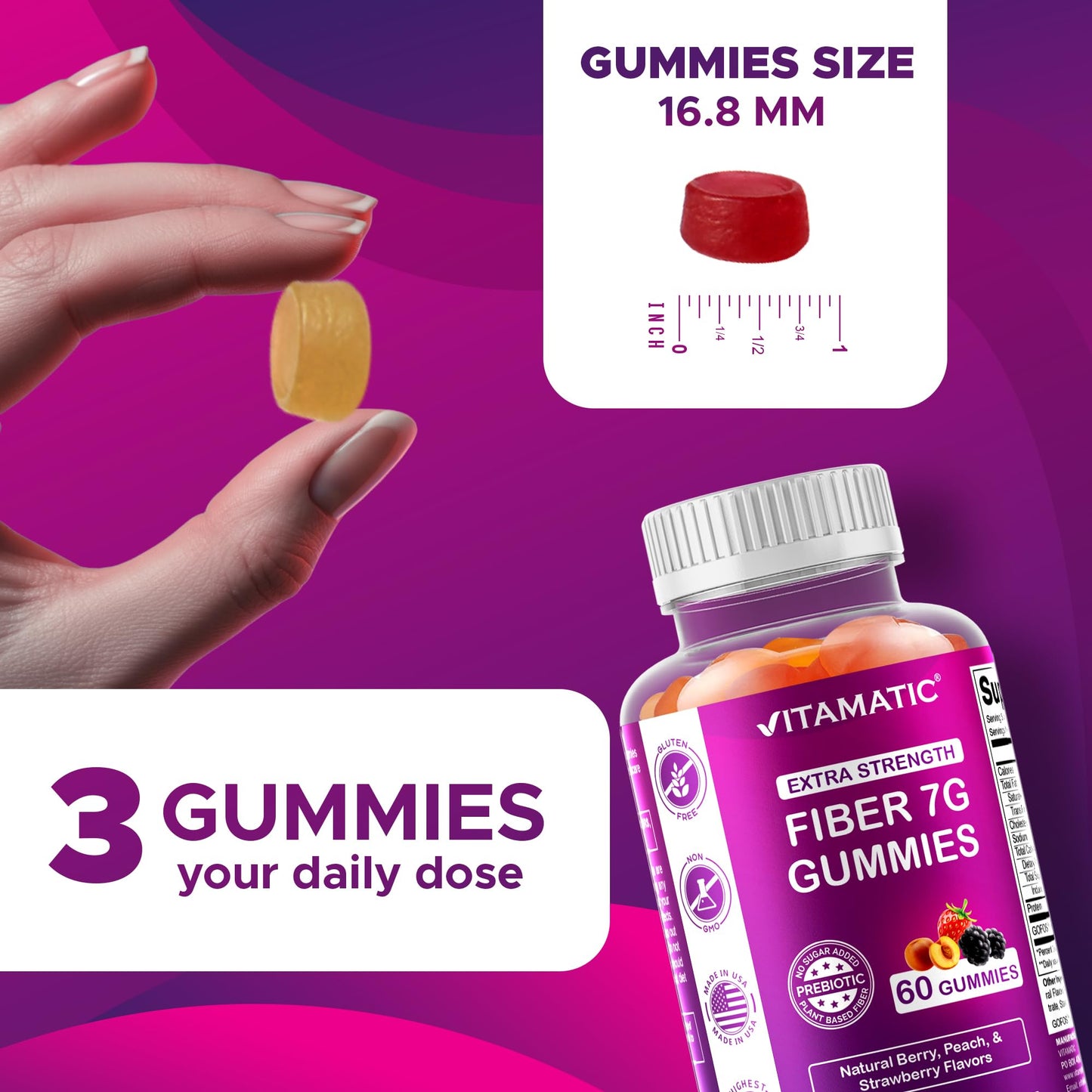 Vitamatic Prebiotic Fiber Gummies for Adults – 2 Pack (Total 120 Gummies) 7g Fiber per Serving | Extra Strength | Zero Sugar Added | Pectin-Based Vitamatic