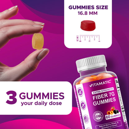 Vitamatic Prebiotic Fiber Gummies for Adults – 2 Pack (Total 120 Gummies) 7g Fiber per Serving | Extra Strength | Zero Sugar Added | Pectin-Based Vitamatic