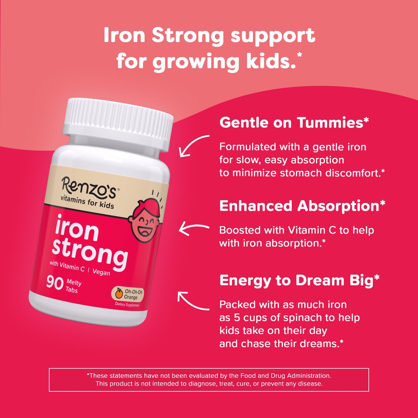 Renzo's Iron Supplements for Kids, Dissolvable Vegan Kids Iron Supplement with Vitamin C, Sugar-Free Melty Tabs Renzo's