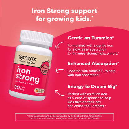 Renzo's Iron Supplements for Kids, Dissolvable Vegan Kids Iron Supplement with Vitamin C, Sugar-Free Melty Tabs Renzo's