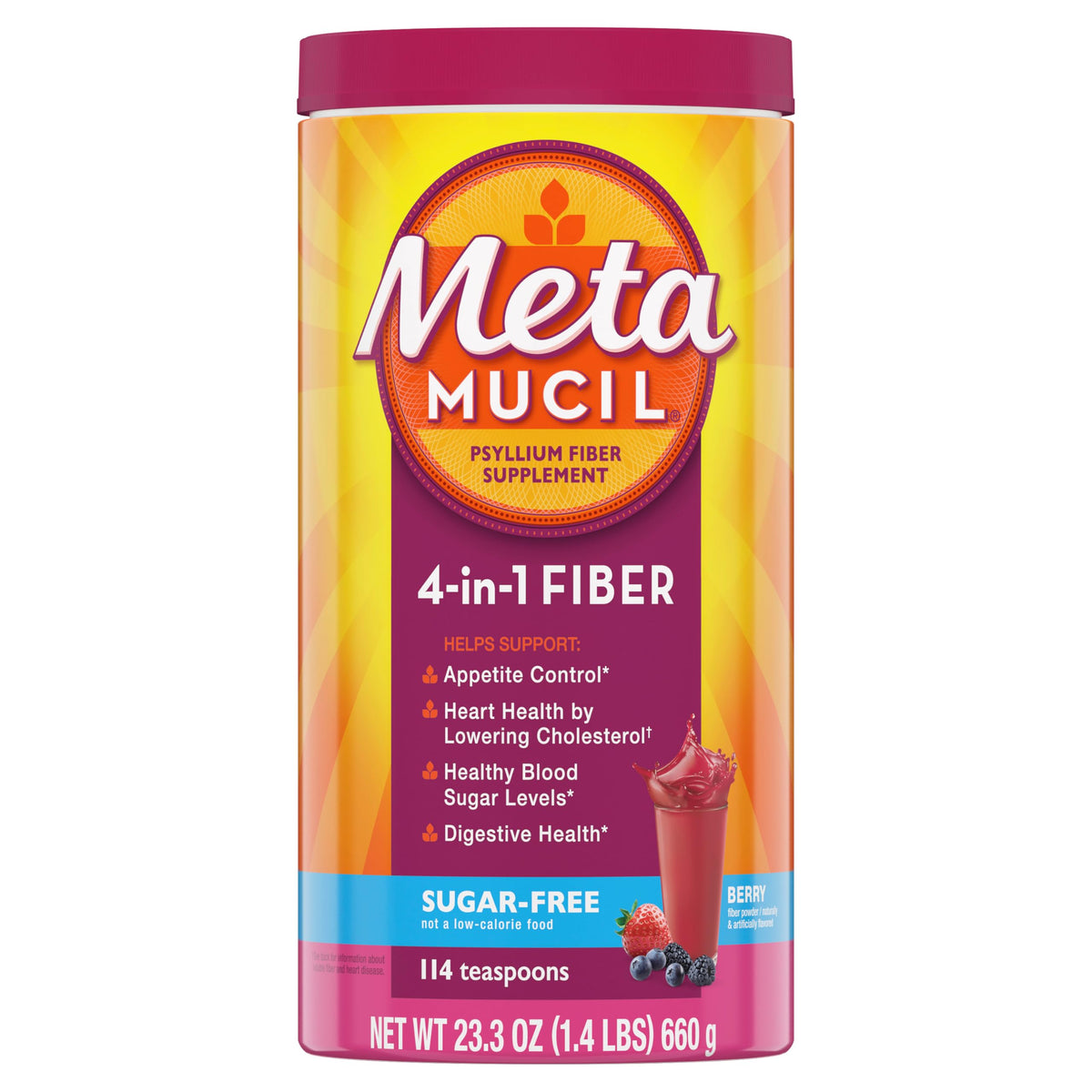 Metamucil, 4-in-1 Fiber Supplement, Psyllium Husk Powder, Sugar-Free Powder, Berry Flavored Drink, 114 Servings Metamucil