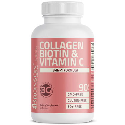 Bronson Collagen Peptides 3000mg (per Serving) with Biotin & Vitamin C - for Hair, Skin & Nails Support, Non-GMO, 90 Tablets Bronson