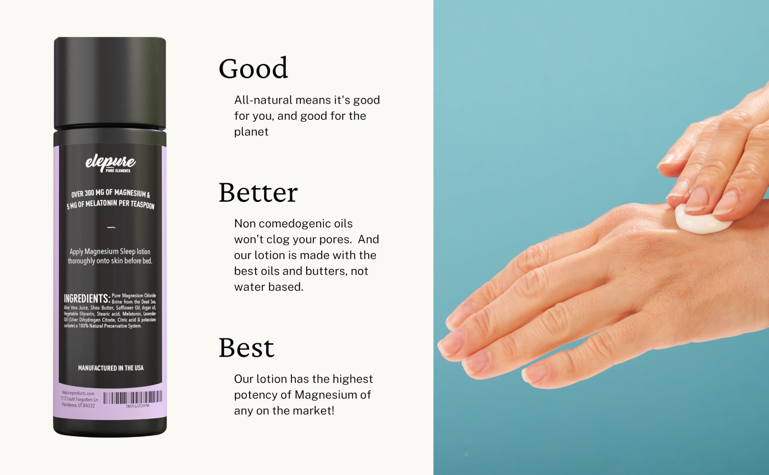 Elepure Pure Elements Magnesium Sleep Lotion with Lavender and Melatonin - Topical Application Night Cream- High Potency - Organic Materials - Large Size - Great Value - 8 fl. oz Elepure Pure Elements buy australia supplements