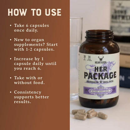 HEART & SOIL – Her Package – 100% Grass Fed & Finished Ovary, Uterus, Liver, & Kidney – Helps Maintain Hormone Balance & Reproductive Wellness - Menstrual & Menopause Support – 180 Capsules