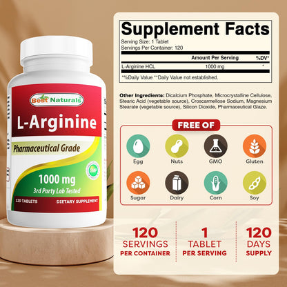 (New Improved Formula) Best Naturals L-Arginine 1000 mg 120 Tablets - Pharmaceutical Grade L Arginine Supplement Best Naturals