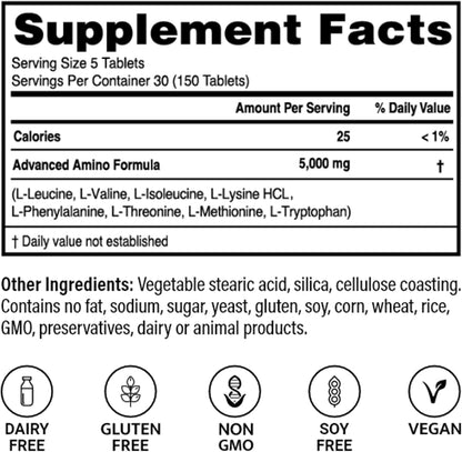 Advanced Bionutritionals – Advanced Amino Formula Tablets, Amino Acid Supplement, Build Muscle, Post Workout Recovery, Energy, Stamina, Non-GMO, Gluten Free, Dairy Free, Vegan (150 Tablets)