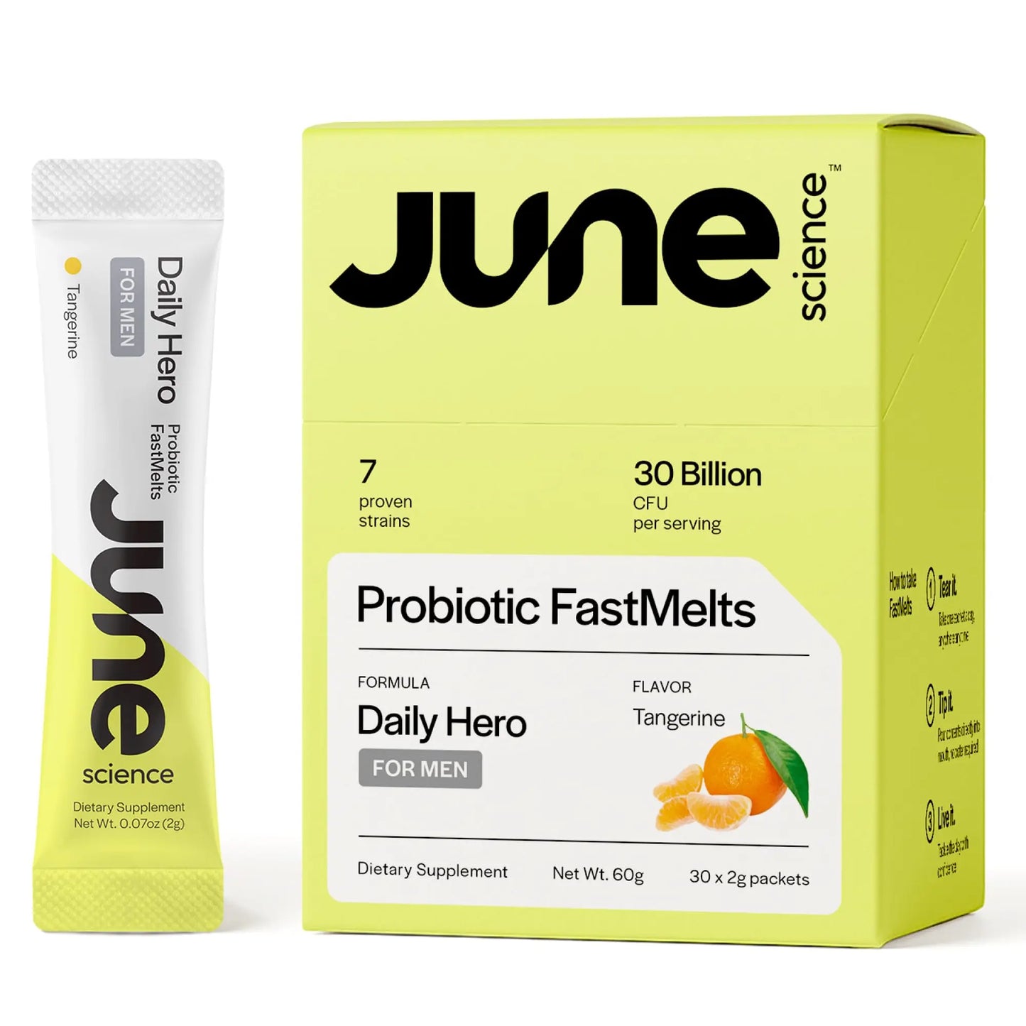 June Science Daily Hero for Men | Fast Melt Pre + Probiotic for Men - Tangerine Flavor, 30 Powder Sachets June Science
